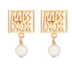 Christian Dior miss dior logo pierced earrings gold pearl drop